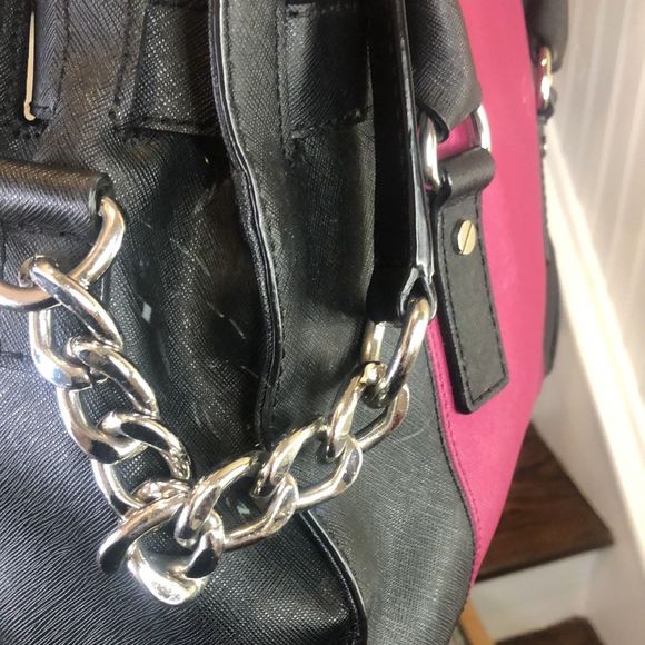 MICHAEL KORS Fuchsia & Black Saffiano Leather Satchel w Silver Chain Crossbody - Picture 12 of 17